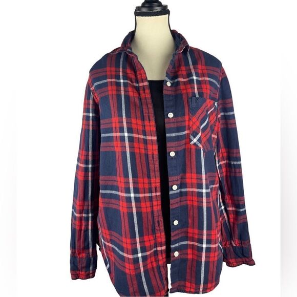 Old Navy red blue flannel classic button down plaid shirt sz M 100% cotton - Picture 6 of 11
